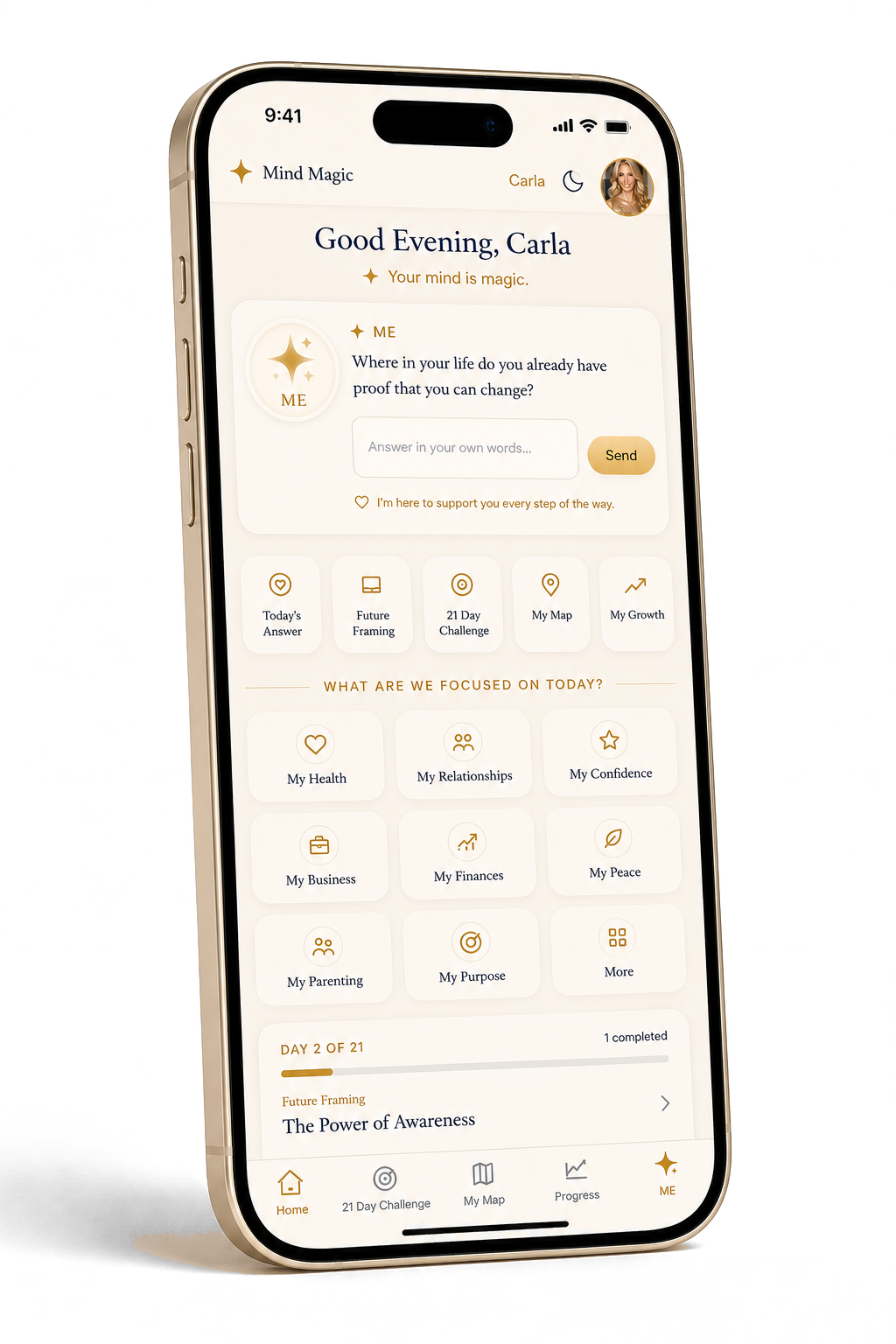 The Mind Magic app on an iPhone: ME greets Carla and asks a reflection question